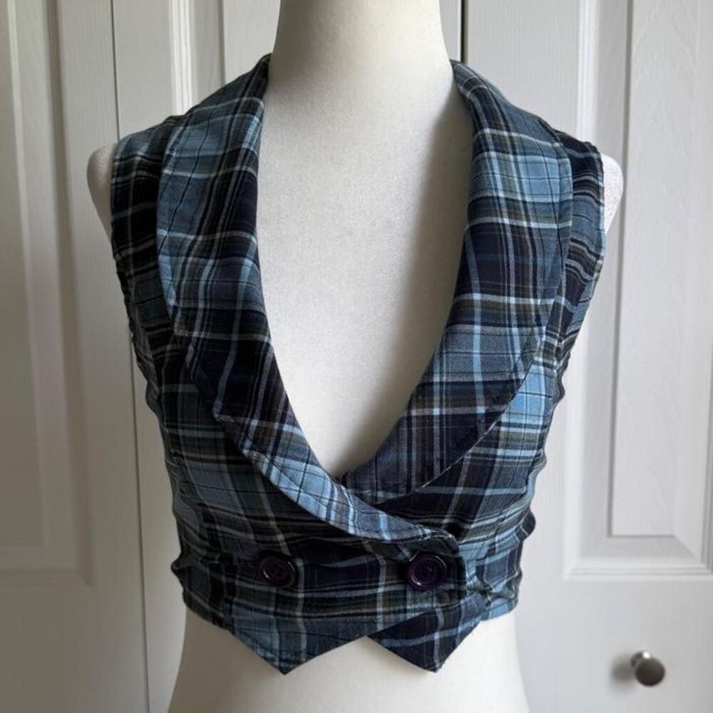 Vintage Y2K Wet Seal blue plaid cotton vest w/buttons & tie back size M
